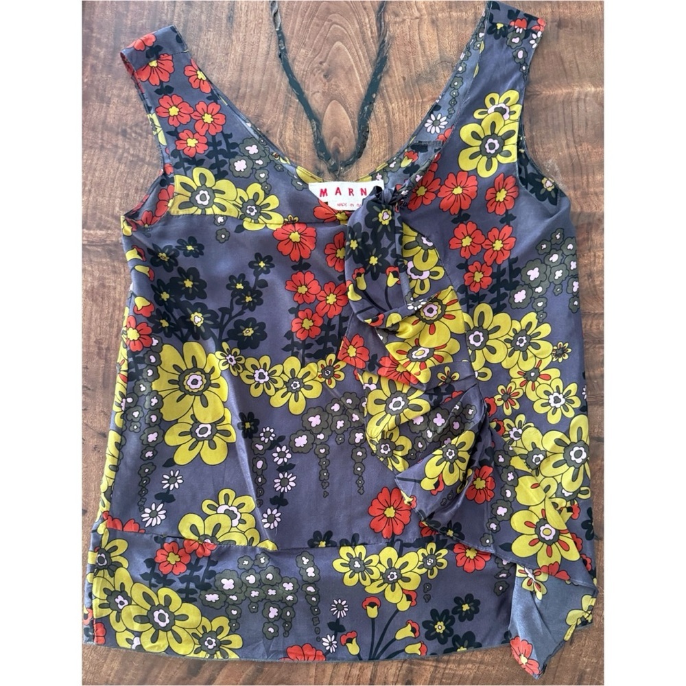 Authentic Marni 100% Silk Vibrant retro Floral Cascading Ruffle Floral Shell Top - Picture 6 of 13
